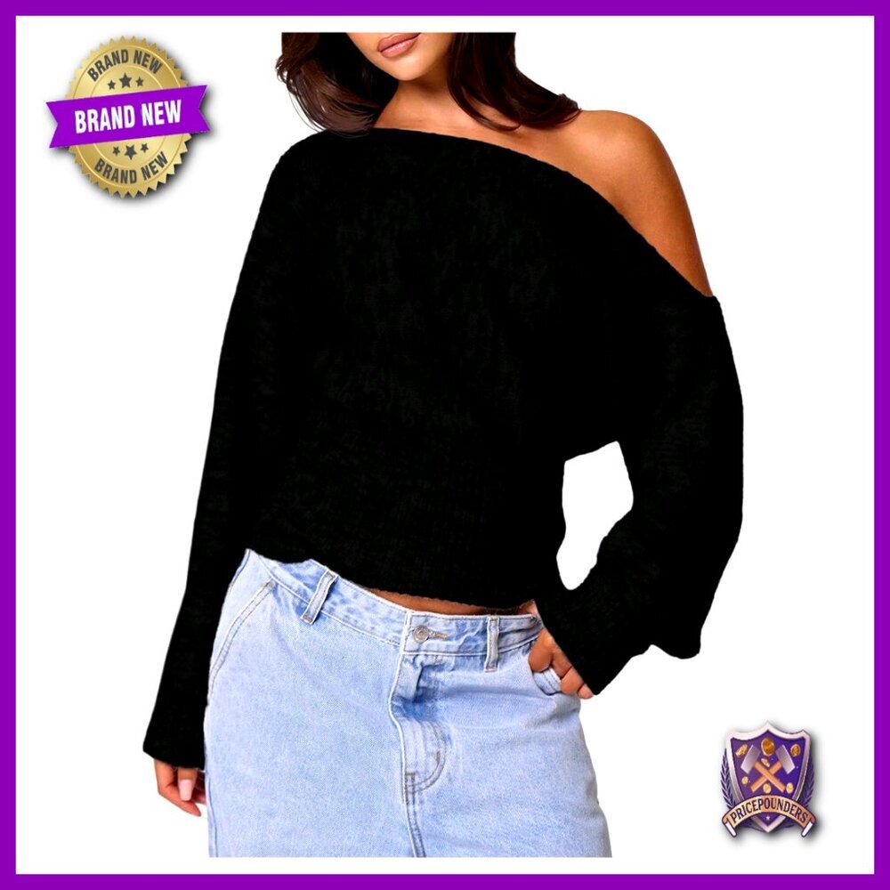 Off Shoulder Knit Sweater Long Sleeve Cinched Waist Pullover Fall Tops